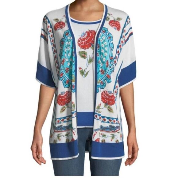 ESCADA Floral Print Open Front Cardigan White Blue Red Size Small - Picture 1 of 11